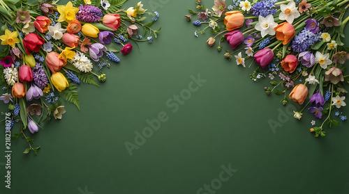 A lush floral border featuring two corner arrangements of colorful spring flowers like tulips, hyacinths, and daffodils on a dark forest green background, seasonal invitations or cards