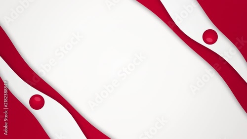 Patriotic abstract background inspired by the Japan flag: flowing ribbon paper cut layers in red and white with balanced 30 40 30 ribbon volumes and a red Hinomaru sun disc locked onto the white band,