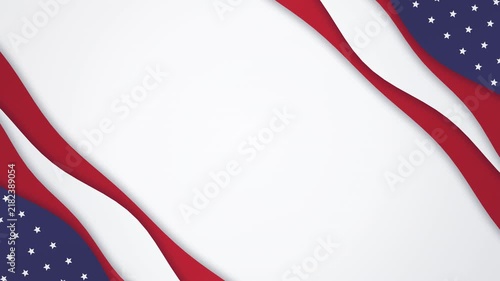 Patriotic abstract background inspired by the USA flag: flowing ribbon paper cut layers with red and white stripes and a blue star field with white stars, arranged as two diagonal clusters in the top 