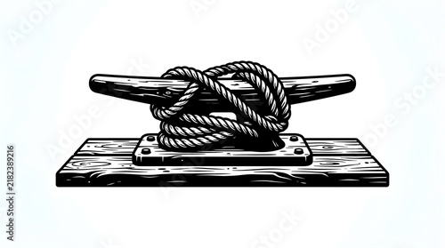 Black and white illustration of a nautical wooden cleat tied with marine rope on a dock. Vintage maritime design element, perfect for sailing, boating, or ocean themes.