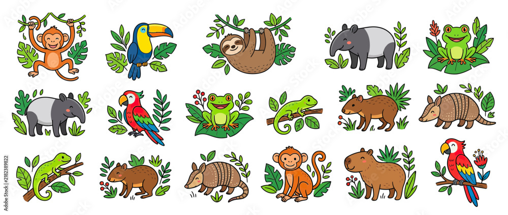Obraz premium Cute Cartoon Rainforest Animals Collection Isolated