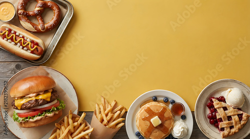 Assortment of american fast food and desserts on a yellow background, with copy space, hamburger hot dog