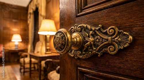 Antique ornate brass doorknob on wooden door leading to luxurious vintage interior room.