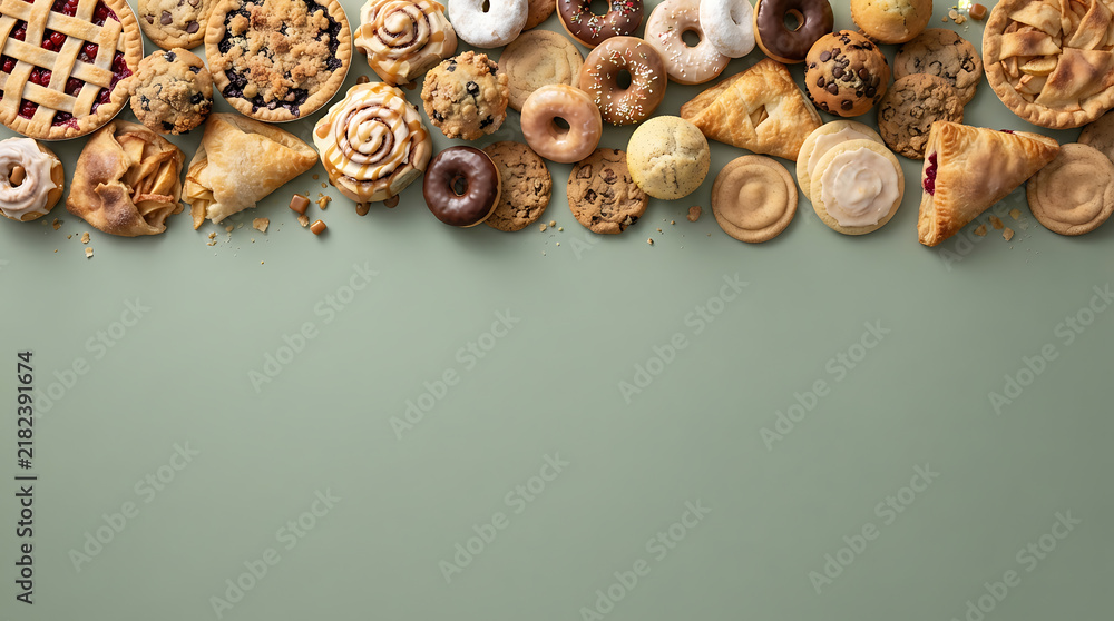 Obraz premium Assortment of baked goods, pies, cookies, cinnamon rolls, and doughnuts on a light green background