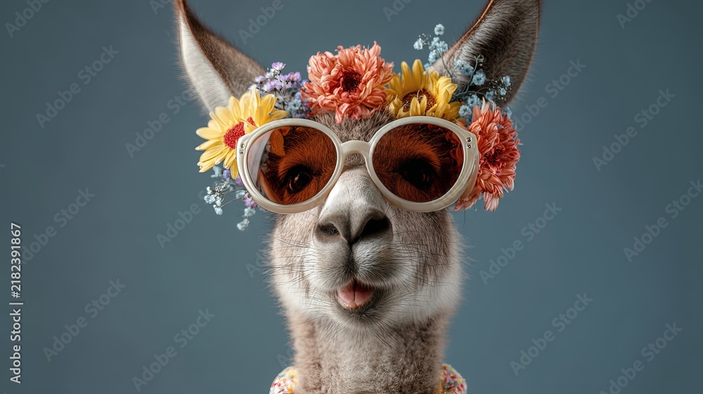 Obraz premium Stylish llama wearing sunglasses and a floral crown, showcasing whimsical charm, perfect for playful design concepts
