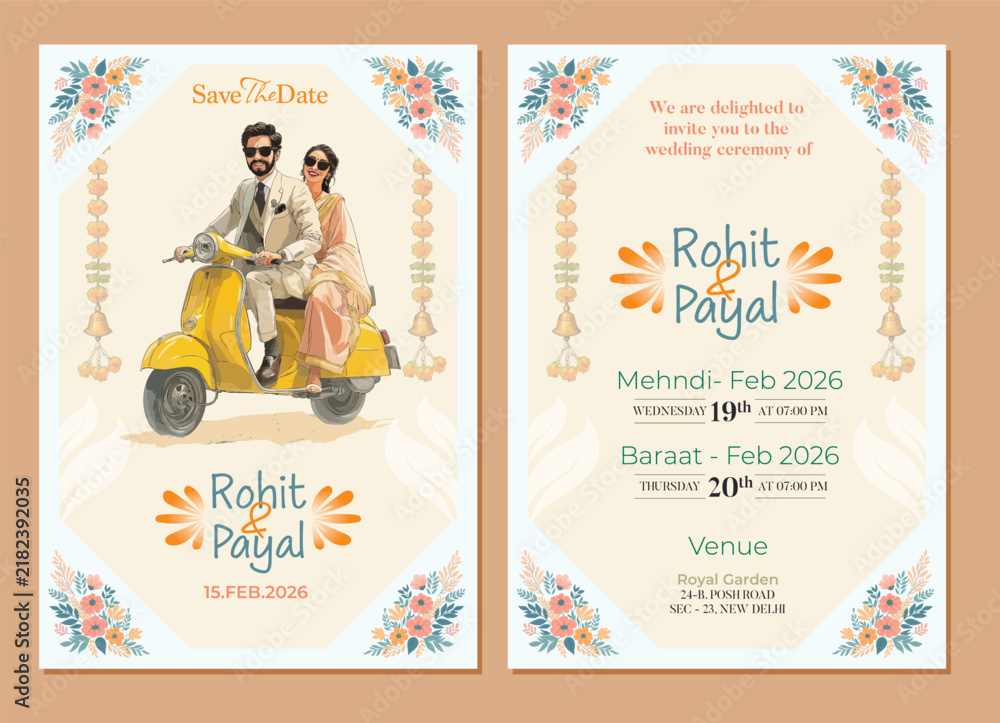 Fototapeta premium Modern Save the Date Wedding Invitation with Cute Couple Illustration