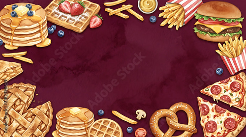Hand drawn of breakfast and fast food including pancakes, waffles, burgers, pizza, and fries arranged as a border on a dark purple watercolor texture background, for menu