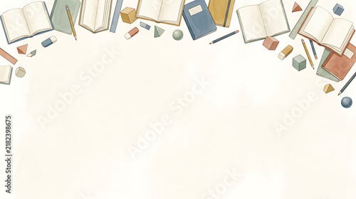 Hand drawn style of open books, notebooks, pencils, erasers, and geometric shapes arranged along the border, leaving a large empty space on a light beige textured background