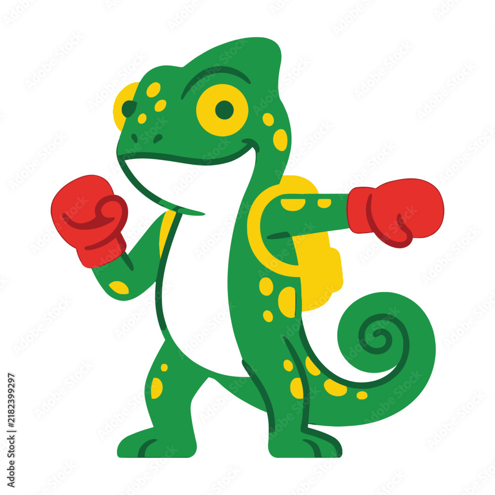 Obraz premium Green gecko wearing boxing gloves standing in fighting stance