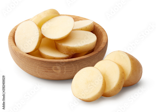 sliced raw potato isolated on white background. clipping path