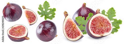 Fig fruit with green leaves isolated on white background. clipping path
