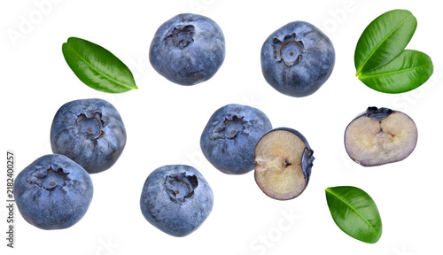 blueberries with green leaf isolated on white background. macro. clipping path