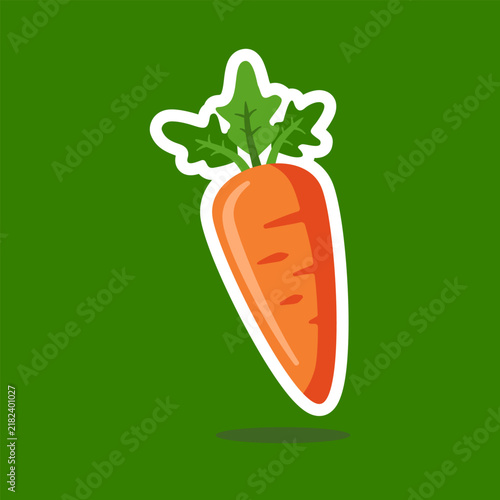Cute Carrot Sticker Illustration — Flat Design Orange Fresh Vegetable with Green Leaf on Dark Green Background for Food, Healthy and Kids Design