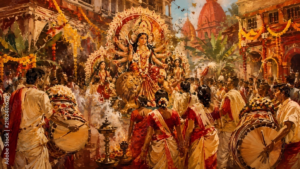 Fototapeta premium Durga Puja Festival Procession Painting, Traditional Indian Religious Celebration