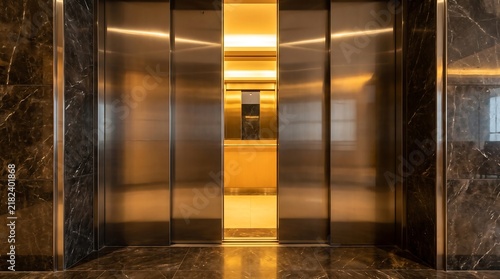 Modern luxury elevator with sliding stainless steel doors opening to warm lit interior.