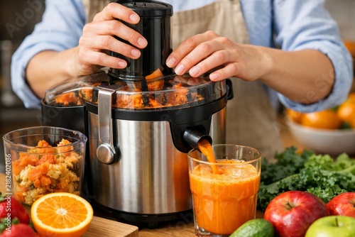 Fresh orange carrot juice being extracted with stainless steel juicer in home kitchen for healthy beverage banner or recipe background