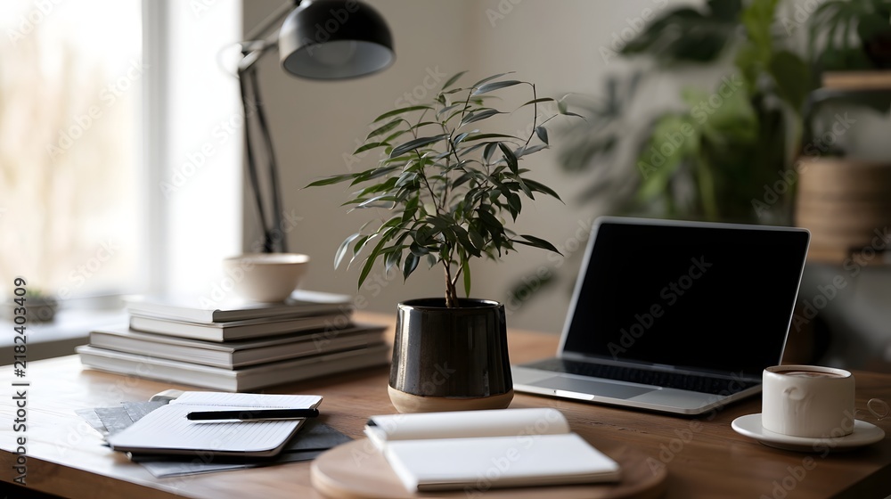 Fototapeta premium A serene wooden desk setup with a potted plant laptop coffee cup notebooks and books under soft natural light