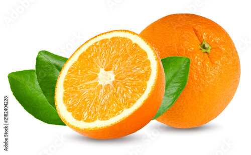 orange fruit with cut of orange and green leaves isolated on white background. clipping path