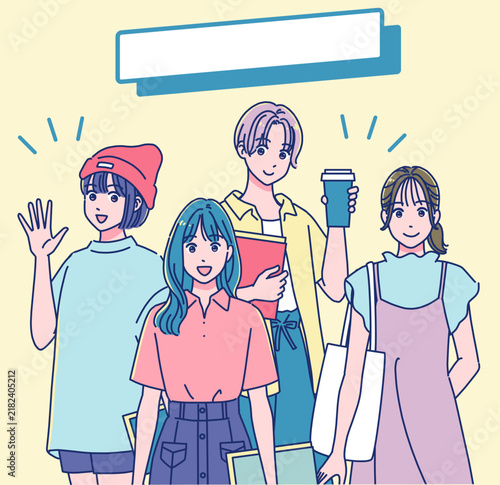 若い女性４人とカラフルでポップな背景