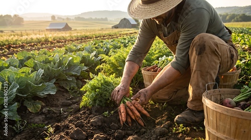 Farmer Harvesting Fresh Organic Carrots in a Rural Farm Field at Sunrise