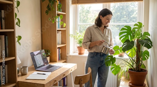 Young Woman Watering Houseplants in a Bright and Cozy Home Office