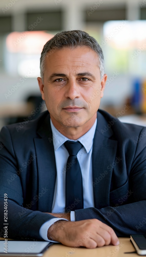 Fototapeta premium Male principal seated at minimal desk with blank tablet and closed notebook