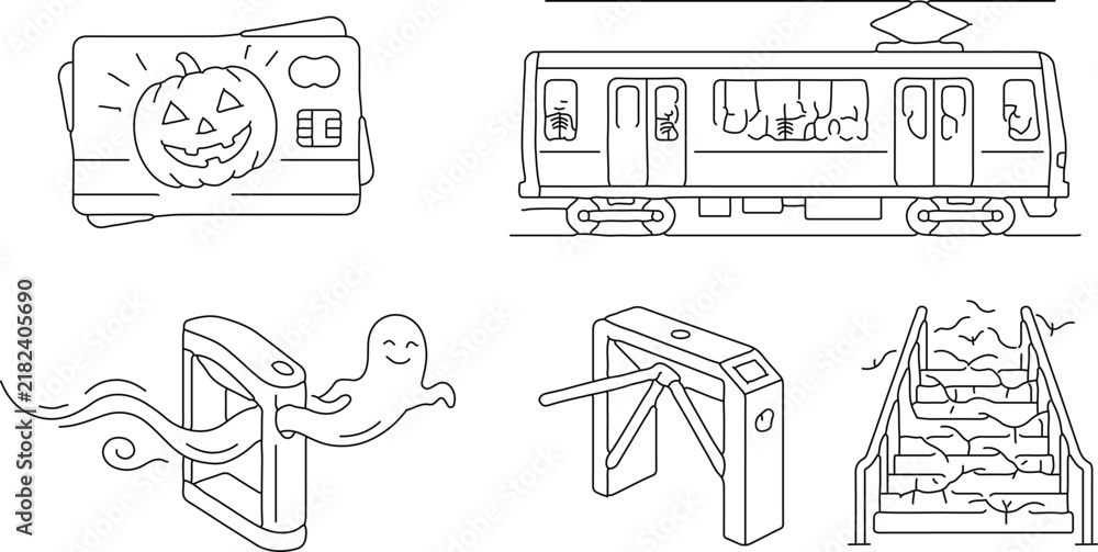 Fototapeta premium Set of hand drawn subway and halloween themed illustrations for creative projects.