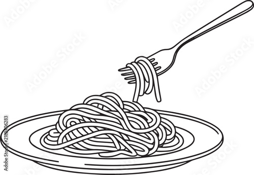 A hand drawn sketch of a plate of steaming hot spaghetti pasta with a fork on white background