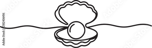 Minimalist continuous line drawing of an open seashell with a precious pearl inside on a white background