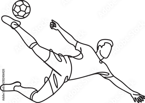 A simple black and white line art drawing of a soccer player performing a bicycle kick move