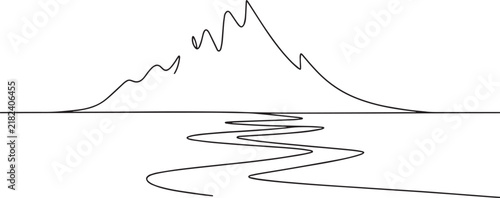 Minimalist line art drawing of a mountain peak reflected in calm water on a plain white background