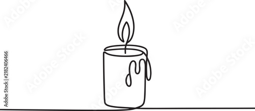 Minimalist continuous line drawing of a single burning candle with melting wax on a simple white background
