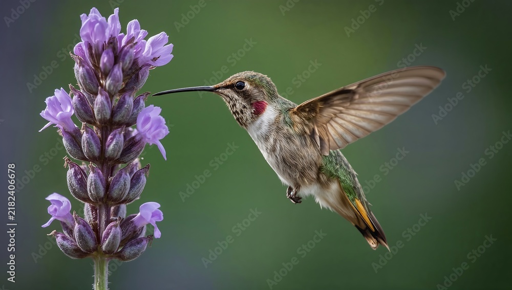 Fototapeta premium Hummingbird hovering in mid air while feeding on purple lavender flowers in garden