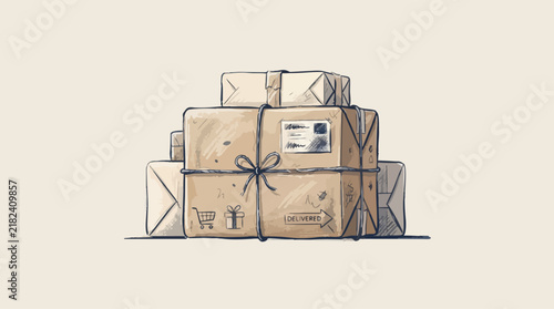 Stack of Cardboard Delivery Parcel Boxes Tied with String Illustration