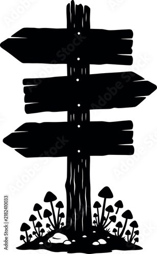 Wooden signpost with direction arrows and wild mushrooms silhouette