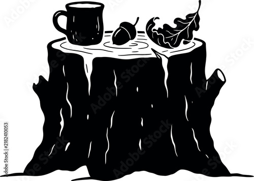 Tree stump with mug acorn and oak leaf black stencil