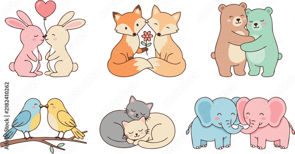 Obraz premium Cute Animal Couples Vector Set with Kawaii Rabbits, Foxes, Bears, Birds, Cats, and Elephants in Love for Valentine Day Greeting Cards and Children Graphic Designs