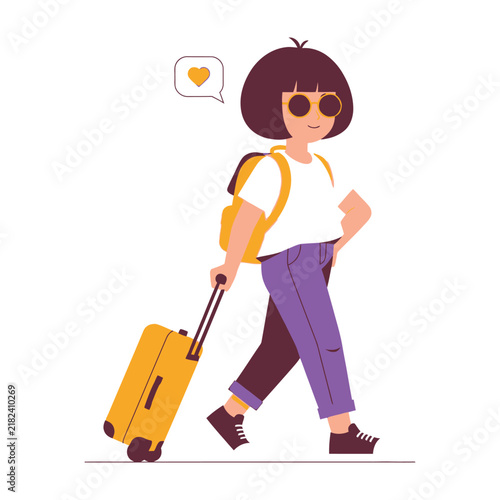 Принти на полотні Young Woman Walking with Yellow Suitcase and Backpack for Travel or Vacation Tri