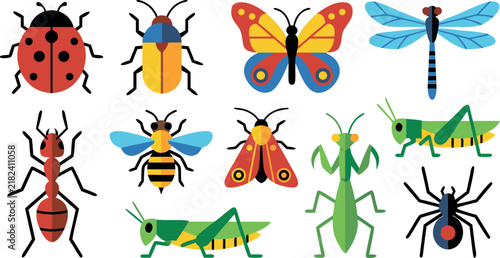 Colorful Insects and Bugs Vector Icon Set with Butterfly Ladybug Bee Dragonfly Mantis Grasshopper Spider and Ant for Education and Nature Designs