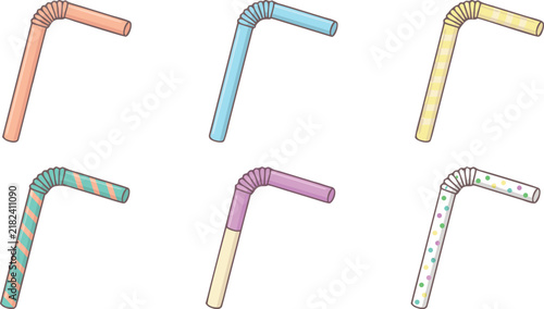 Colorful Drinking Straw Vector Set Featuring Flexible Striped Polka Dot and Pastel Bendy Straws Icons for Party Beverage Juice and Cafe Graphics