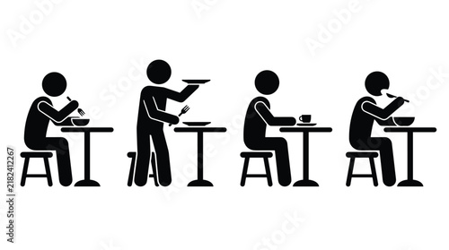 People eating at restaurant icons set showing meal service and dining habits silhouettes