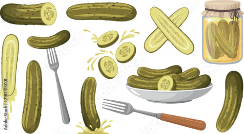 Принти на полотні Pickled cucumber vector illustration collection set featuring whole sliced and j