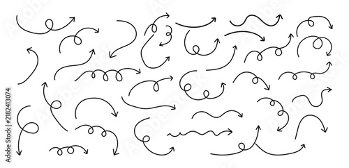 Hand drawn line arrows set, curly and squiggly doodle arrow vector collection for design element