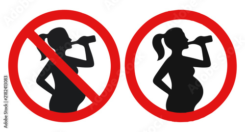Two circular signs, one prohibition and one warning, featuring a pregnant woman drinking from a bottle, isolated on a white background
