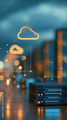 Glowing cloud computing icons floating over dark server rack database background, cloud storage concept.