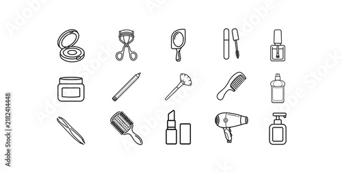 A refined collection of minimalist outline icons featuring everyday beauty and personal care essentials. The set includes makeup, cosmetic containers, brushes, combs, mascara, lipstick, hair styling 