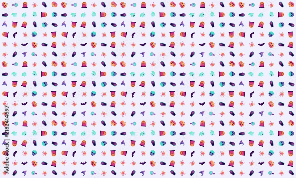 A seamless background pattern featuring various cute and spooky Halloween elements, including skulls, witches' hats, tombstones, spiders, bats, pumpkins, ghosts, cats, and potions in a vibrant neon co
