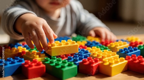 Toddler hand stacks colorful plastic building blocks. Child learns, plays, develops motor skills with educational toys. Focus on early childhood development and creativity.