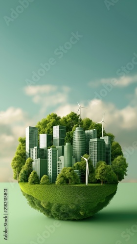 Green eco city model growing inside a bowl surrounded by nature, sustainable urban development concept.
