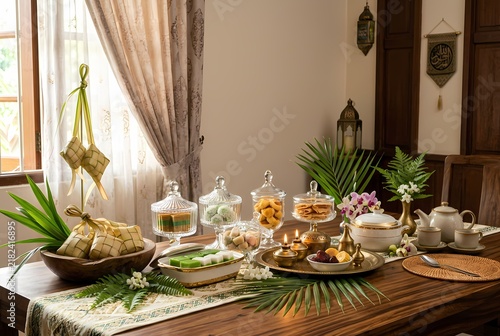 Hari Raya Table Decoration with Ketupat and Traditional Malaysian Food